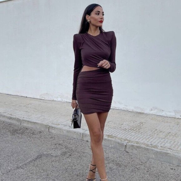 ZARA | Brown Taupe Draped Dress with Shoulder Pads - Picture 1 of 13